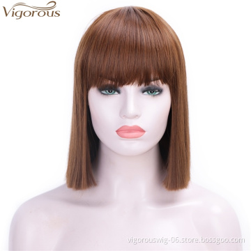 Vigorous Cheap Short Straight Bob Synthetic Wigs For Black Women Brown Wigs With Bangs High Temperature wholesale Price
